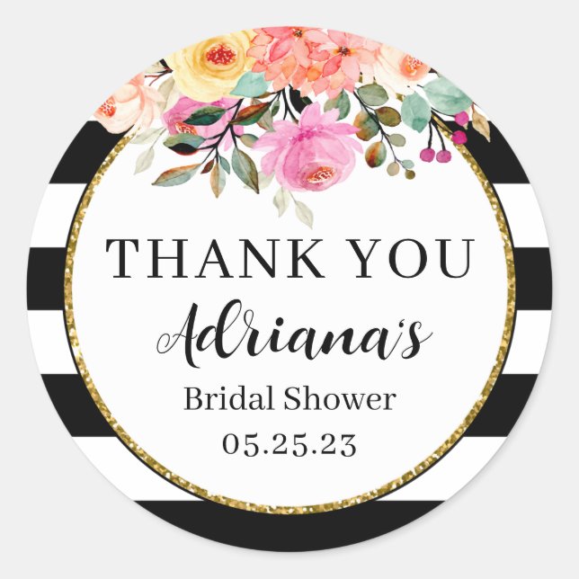 Sticker Rond Bandes noires et blanches Faveur florale (Devant)