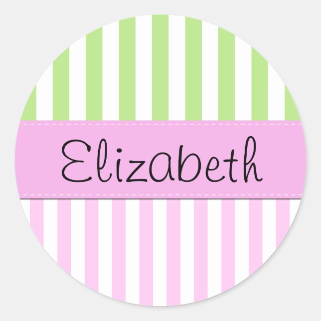Sticker Rond Bandes Roses, Bandes Vertes, Lignes, Votre Nom (Devant)