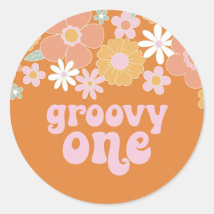 Sticker Rond Bannière d'anniversaire rétro florale Groovy One