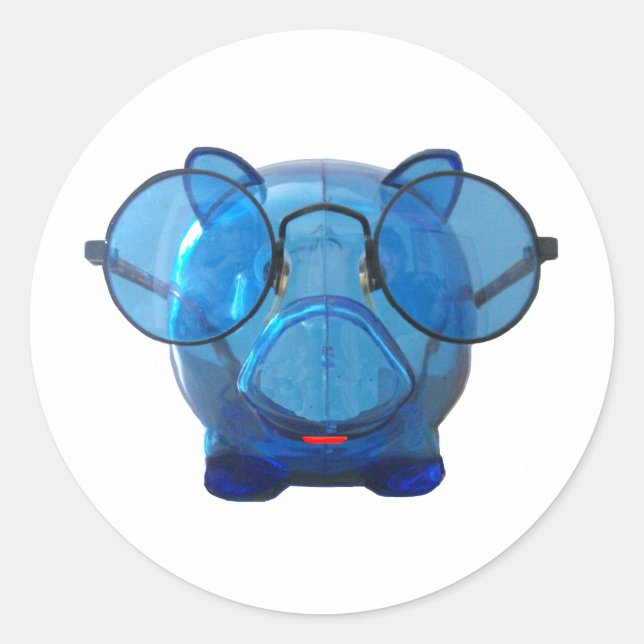 Sticker Rond Banque de piggy bleue avec lunettes (Devant)