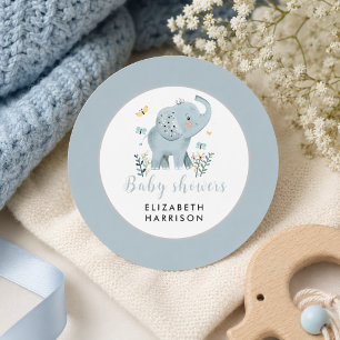 Sticker Rond Baptême Adorable Éléphant Bleu pour Petit Garçon