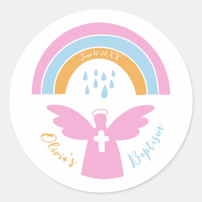 Sticker Rond Baptême Ange Christening et arc-en-ciel (Devant)