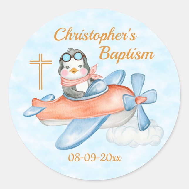 Sticker Rond Baptême Aquarelle Bébé Penguin avion (Devant)