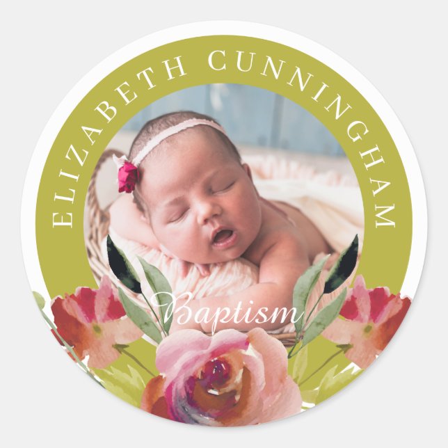 Sticker Rond Baptême | Aquarelle Florale et Foliage (Devant)