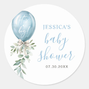 Sticker Rond Baptême Bébé Fille/Fils Ballon Bleu Aquarelle Verd