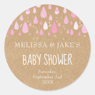 Sticker Rond Baptême bébé fille gouttes de pluie couple rustiqu