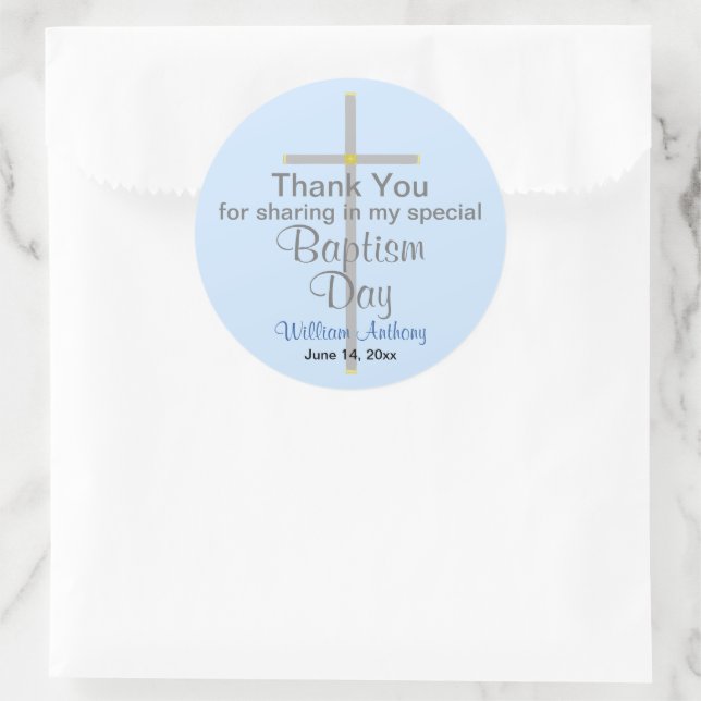 Sticker Rond Baptême bleu clair Merci (Sac)