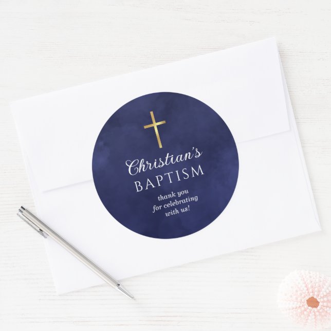Sticker Rond Baptême Boy Royal Blue Merci (Enveloppe)