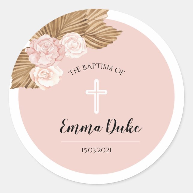 Sticker Rond Baptême Christening Blush Arch Boho Invitation (Devant)