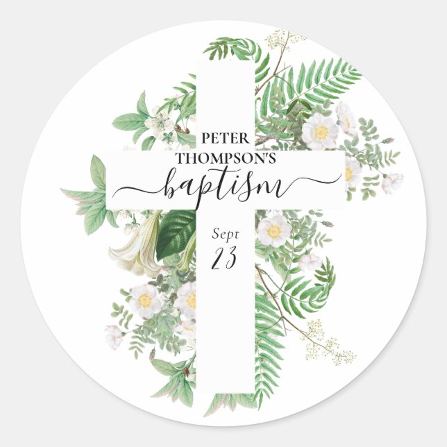 Sticker Rond Baptême Christening Cross Green Genre Neutre (Devant)