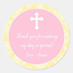 Sticker Rond Baptême Christening Pink Yellow Cadeau Favoriser É