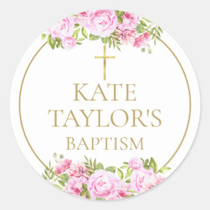 Sticker Rond Baptême Christening Rose Rose Fleur Faveur