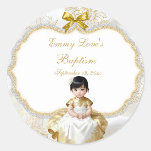 Sticker Rond Baptême de bébé fille Christening Blanc & Or