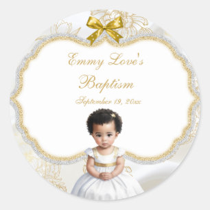 Sticker Rond Baptême de bébé fille Christening Blanc & Or