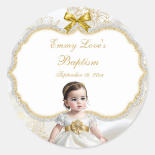Sticker Rond Baptême de bébé fille Christening Blanc & Or