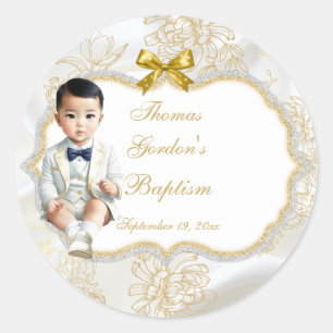 Sticker Rond Baptême de bébé garçon asiatique Communion Blanc &