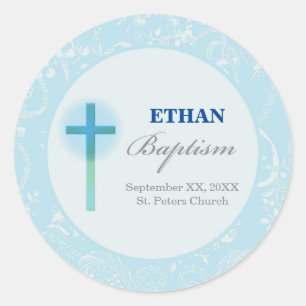 Sticker Rond Baptême de garçon au dentelle bleue