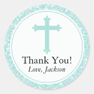 Sticker Rond Baptême de garçon Christening Communion Bleu Blanc