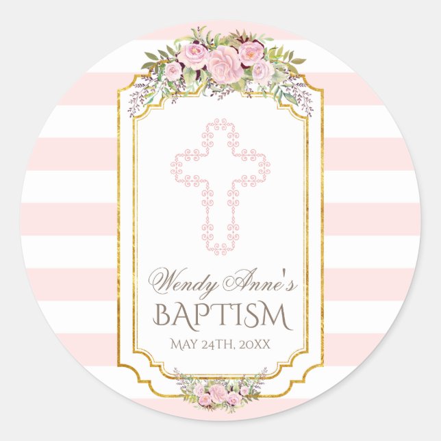 Sticker Rond Baptême d'or floral rose rayures (Devant)