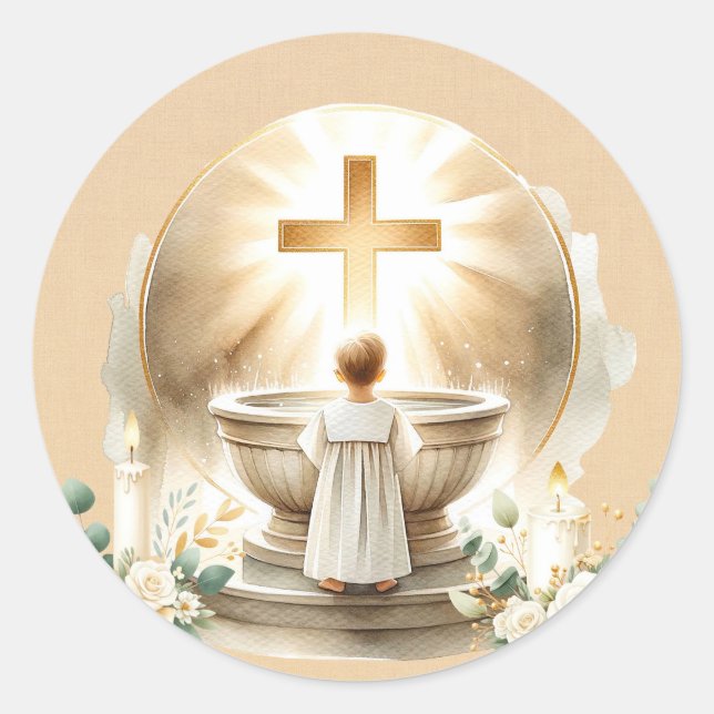 Sticker Rond Baptême dorée Bébé Garçon Christening Baptême (Devant)