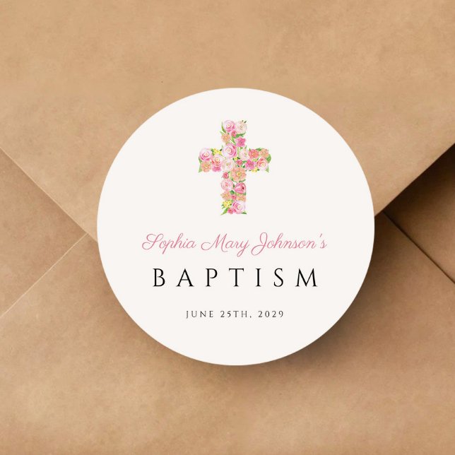 Sticker Rond Baptême élégant religieux croix florale rose (Elegant Religious Pink Floral Cross Baptism Classic Round Sticker)