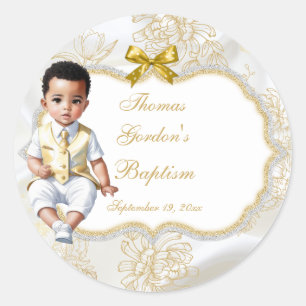 Sticker Rond Baptême Ethnique Garçon Communion Blanc & Or