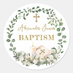 Sticker Rond Baptême Eucalyptus Roses Croix 