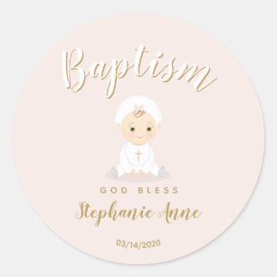 Sticker Rond Baptême Fille Bébé avec Bonnet