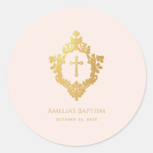 Sticker Rond Baptême Fille Rose Élégant Faux Or Blason Vintage