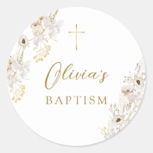 Sticker Rond Baptême Fleur sauvage d'or ivoire neutre
