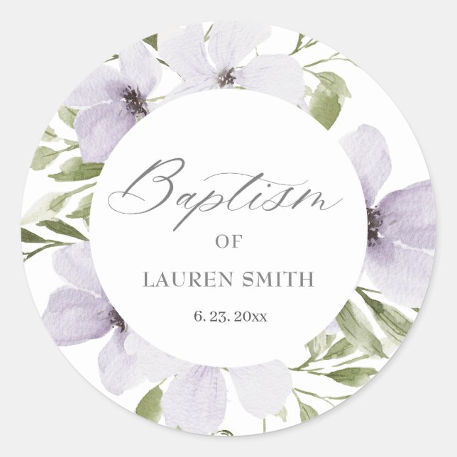 Sticker Rond Baptême floral Christening Élégant violet (Devant)