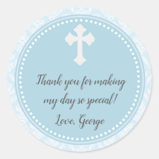 Sticker Rond Baptême Garçon bleu Damas Cadeau Favoriser Étiquet