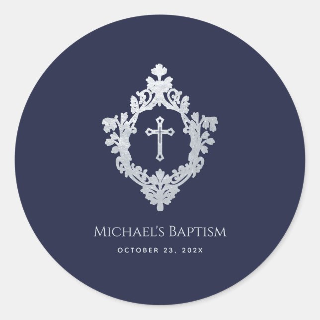 Sticker Rond Baptême Garçon Marine Bleu Faux Argent Crest Vinta (Devant)