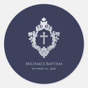 Sticker Rond Baptême Garçon Marine Bleu Faux Argent Crest Vinta