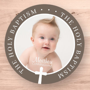 Sticker Rond Baptême Garçon   Photo personnalisée et Croix blan