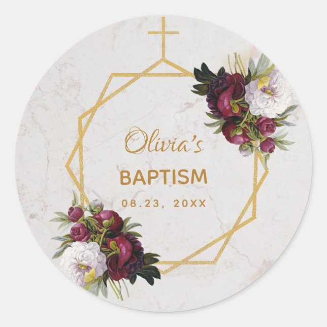 Sticker Rond Baptême Marbre Or Peonies Papillon Géométrique (Devant)