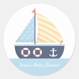 Sticker Rond Baptême Marin Élégant pour Bébé Voilier