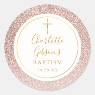 Sticker Rond Baptême paillettes or rose Christening