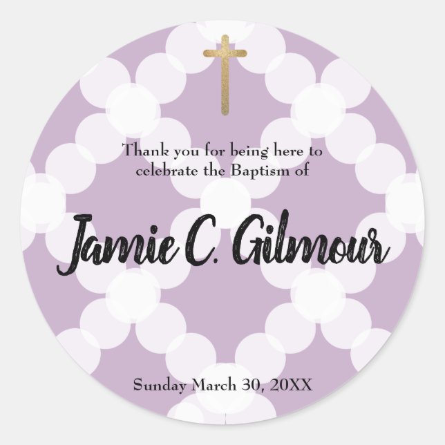 Sticker Rond Baptême personnalisée à thème pourpre bébé Merci (Devant)