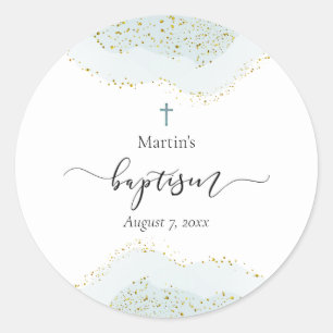 Sticker Rond Baptême petit garçon déco pastel bleu