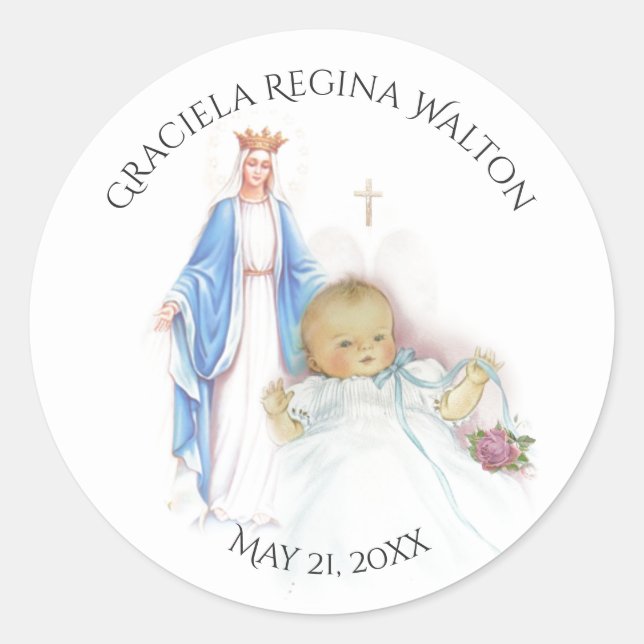 Sticker Rond Baptême Petite fille Fleurs roses Mary (Devant)