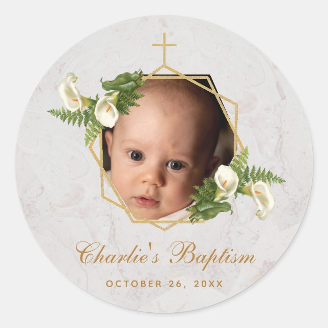Sticker Rond Baptême Photo Floral Calla Lilies Marbre Or (Devant)