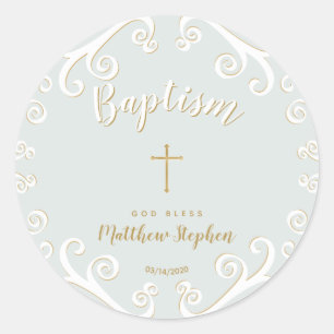 Sticker Rond Baptême se répand en poudre bleu et or
