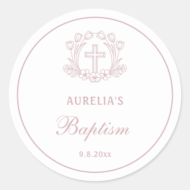 Sticker Rond Baptême simple de croix rose florale (Devant)