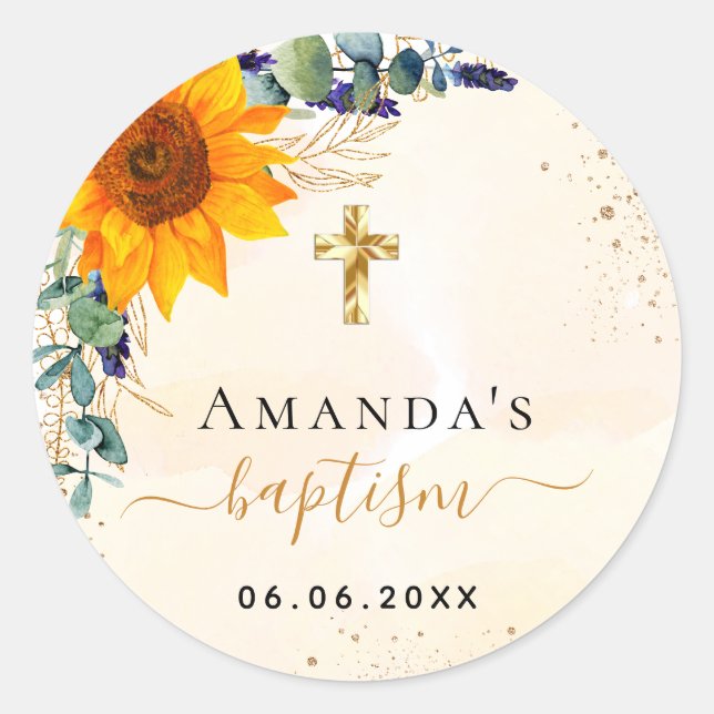 Sticker Rond Baptême tournesol eucalyptus parties scintillant v (Devant)