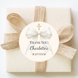 Sticker Rond Baptism ruban crème perles blanches croix merci