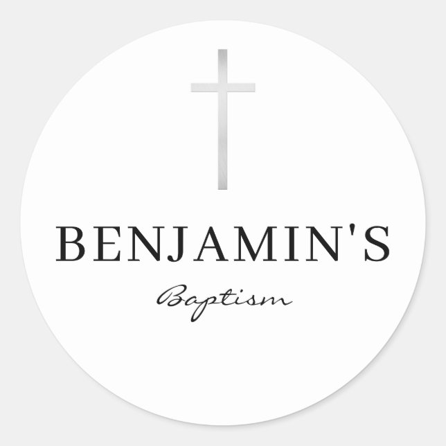 Sticker Rond BAPTISM SEAL moderne mince gris argent croix blanc (Devant)
