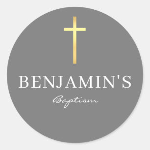 Sticker Rond BAPTISM SEAL moderne or mince croix gris moyen