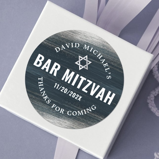 Sticker Rond Bar Mitzvah Bold Moderne Charcoal Grey Silver Foil (Créateur téléchargé)