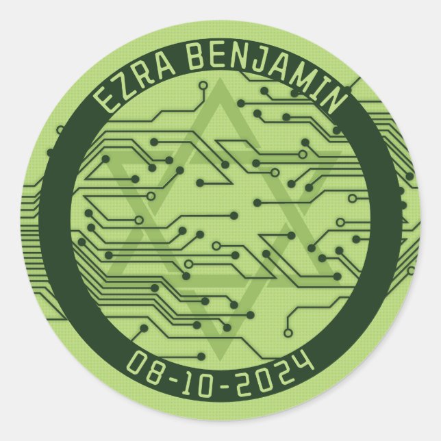 Sticker Rond Bar Mitzvah de circuit imprimé d'ordinateur vert (Devant)